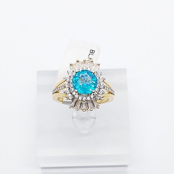 Paraiba Tourmaline Ring, CZ Diamond Gemstone Ring, Halo Solitaire Baguette Ring - Picture 1 of 5